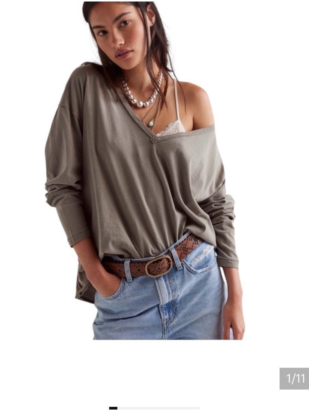 We The Free Nina Taupe V-Neck Long Sleeve Top